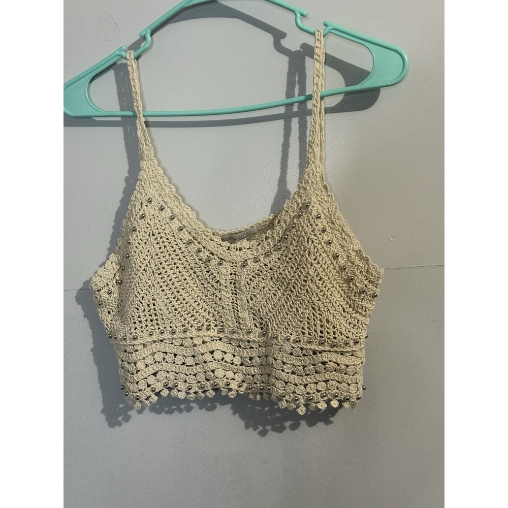Rebellion Again Women's Cream Crochet Crop Top‎ Festival Bead Detail Size M